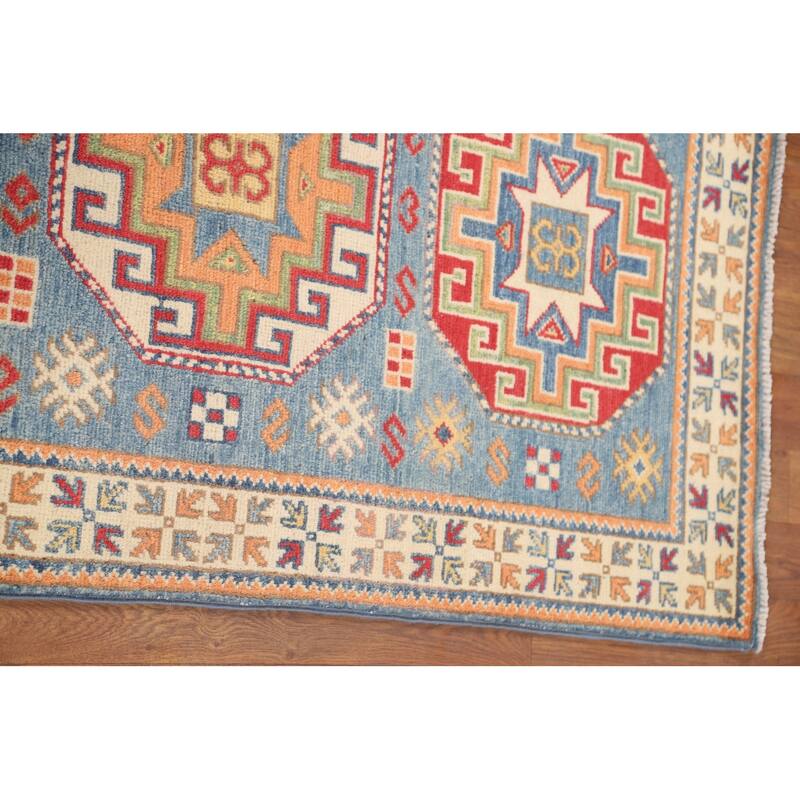 Light Blue Kazak Accent Rug Handmade Wool Carpet - 2'7" x 4'3"