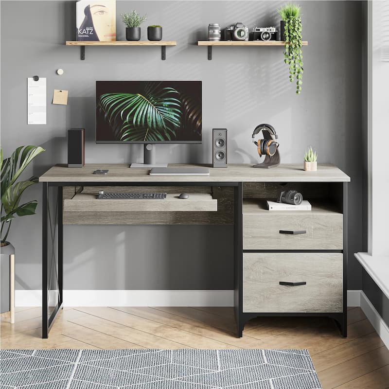 55 inch Computer Desk with Keyboard Tray and Storage Drawers - Light Grey Oak