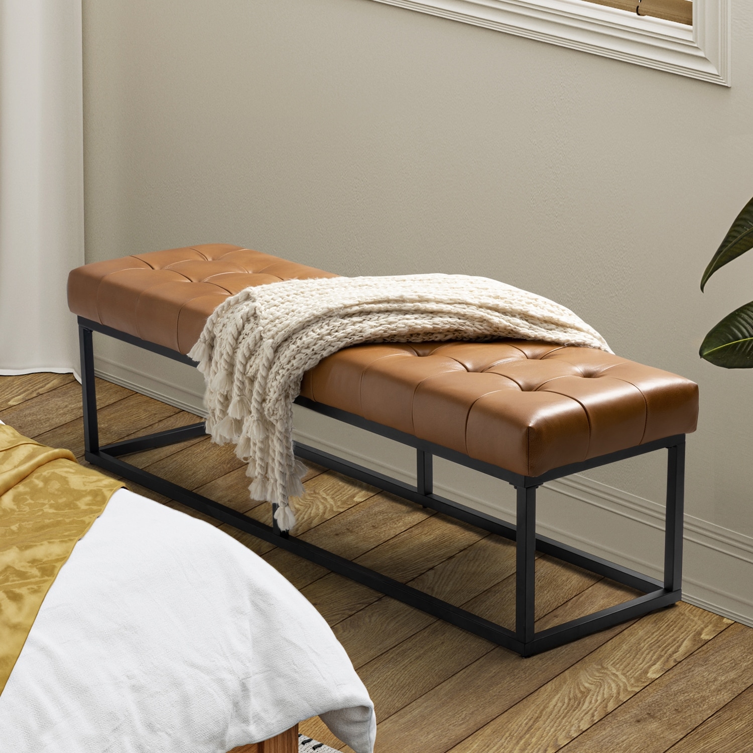 HULALA HOME Alicia Traditional 60" W Genuine Leather Button-tufted Bench with Easy Installation