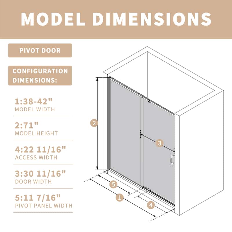 Modland 38-42"x71'' Adjustable Pivot Shower Door - Auto-Lift Hinge, Magnetic Seal, 5 Finishes for Uneven Walls - 42''x 71''