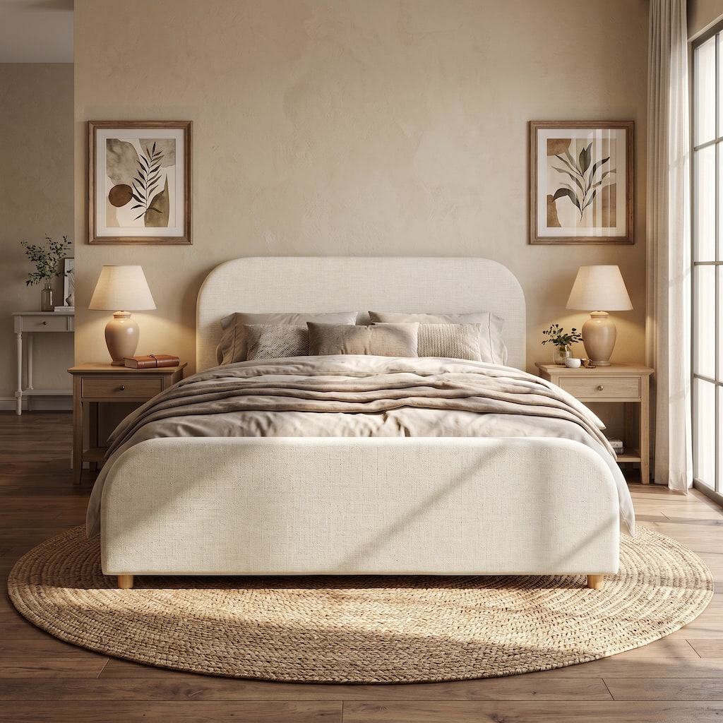 Christopher Knight Home - Thalassa Linen Upholstered Platform Bed with Curved Headboard & & Footboard, Solid Wood Legs