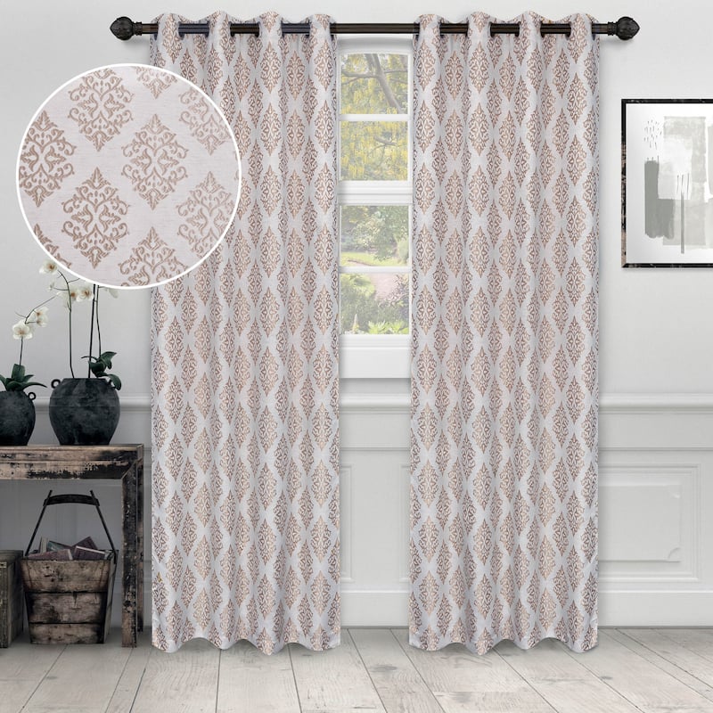 Superior Venetian Damask Jacquard Embroidered Washable Curtains, Set of 2 - 52" x 63" - Brass