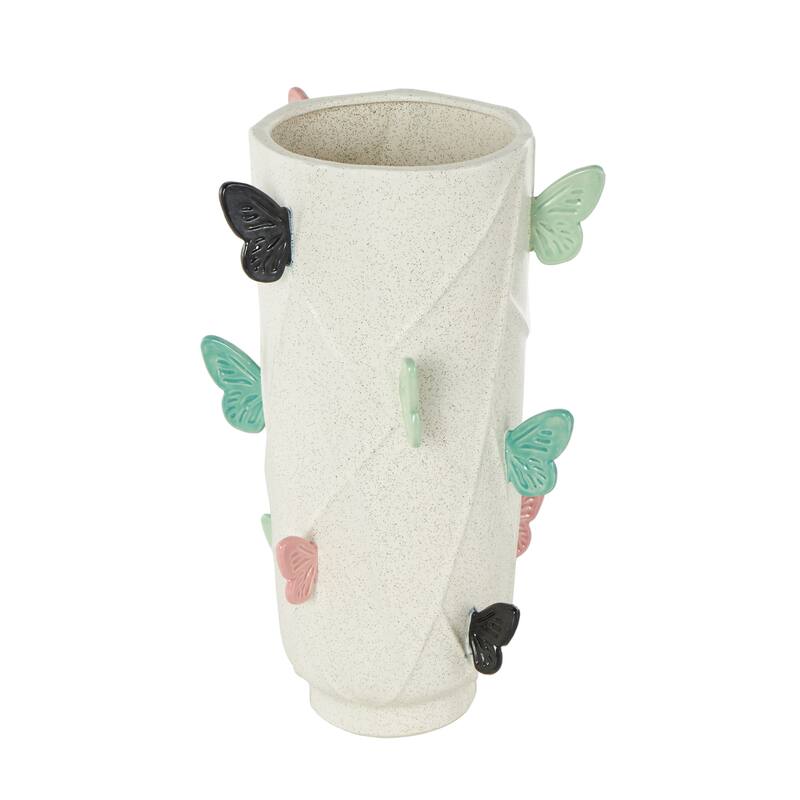 White Ceramic Wide Butterfly Decorative Vase with Multicolor Accents
