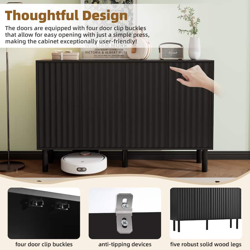 Minimalist Shoe Cabinet with Fluted Doors and 5 Solid Wood Legs - 55.1" W × 13.7" D × 35.4" H