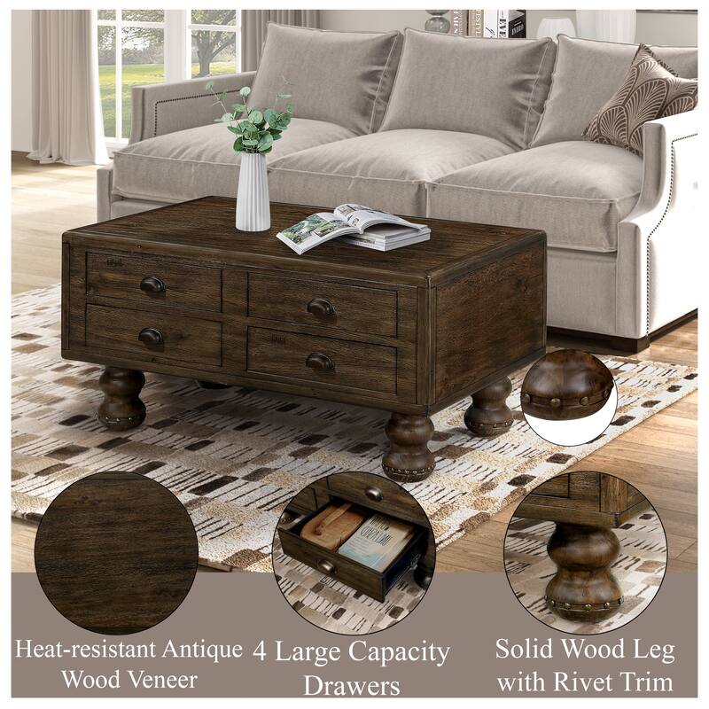 Antique Color Solid Wood Rectangle Coffee Table - Center Table with 4 Drawers