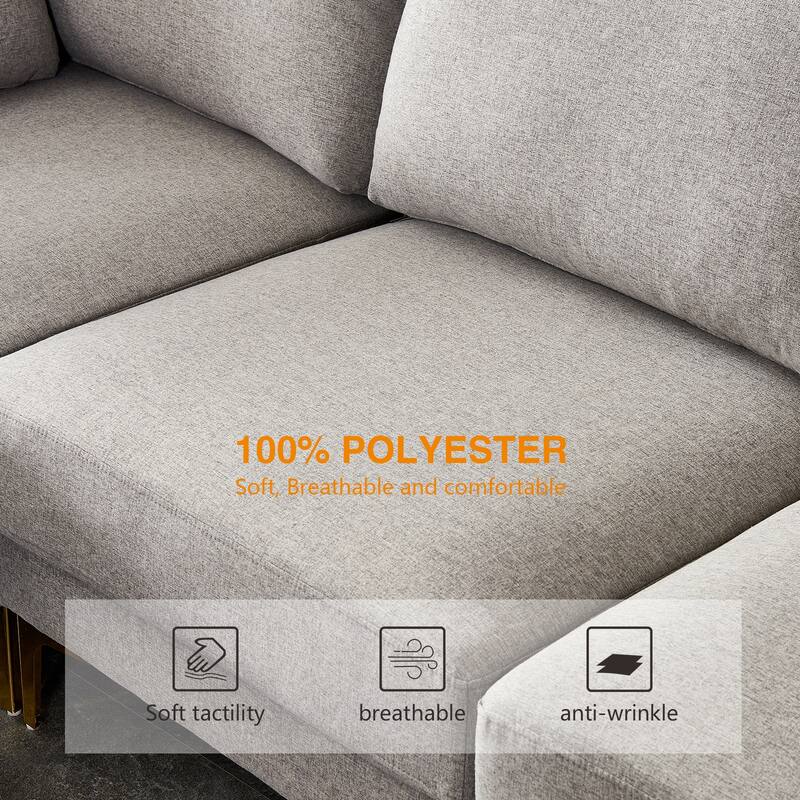 92'' Modern Turquoise L-Shaped 3 Seat Sofa with Ottoman, 2 Pillows, Gold Metal Legs, and Polyester Upholstery