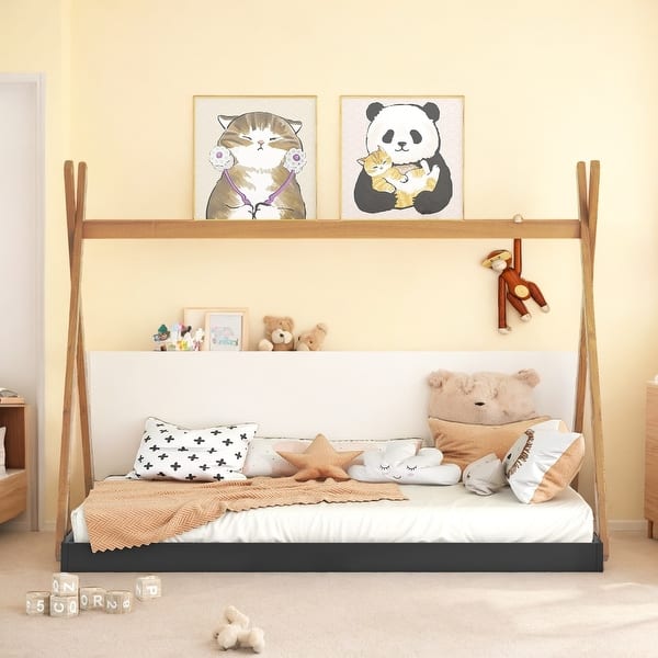 slide 2 of 8, Full Size Tent Floor Kids Bed Frame with Triangle Structure and Safety Railings for Kids, Special Design, Black+Brown Black+Brown
