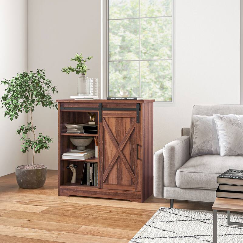Coffee Bar Cabinet with Sliding Barn Door, Kitchen Sideboard with Storage, Buffet Cabinet with Adjustable Shelf