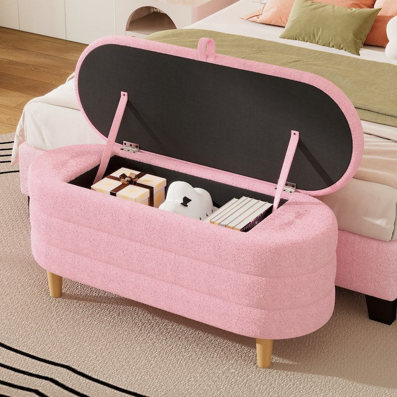 Sherpa Fabric Storage Ottoman with Wood Legs Elegant Bench for Bedroom Living Room