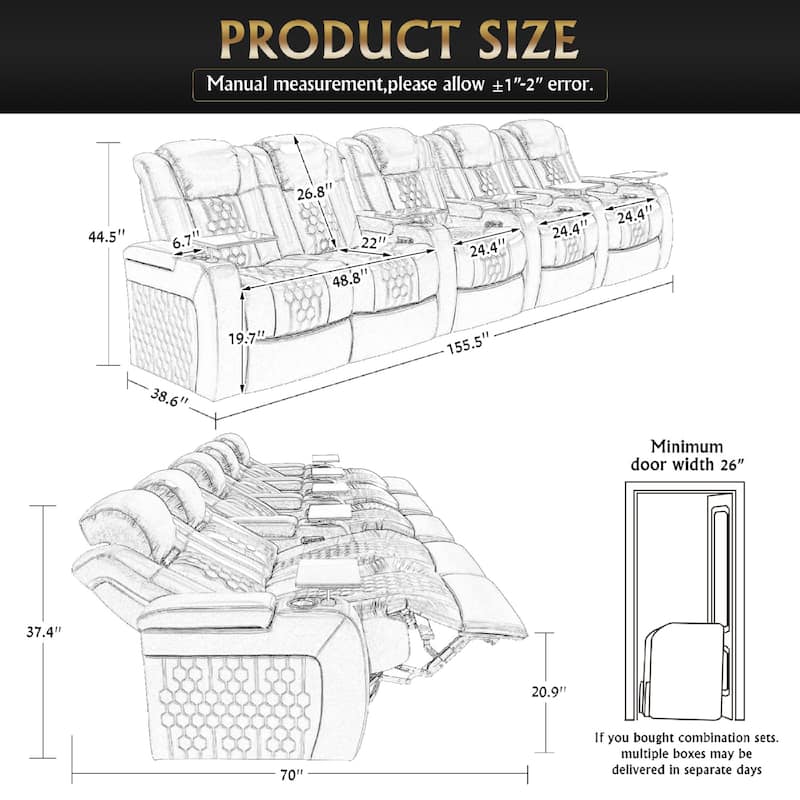 Roomfitters 155.5" Power Recliner 5-Piece Set, Top-Grain Nappa Leather, 27-Color RGB LED & USB-C Charging, Black