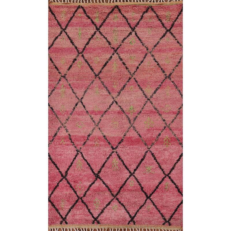 Pink Trellis Plush Moroccan Area Rug Handmade Wool Carpet - 5'3" x 8'10"