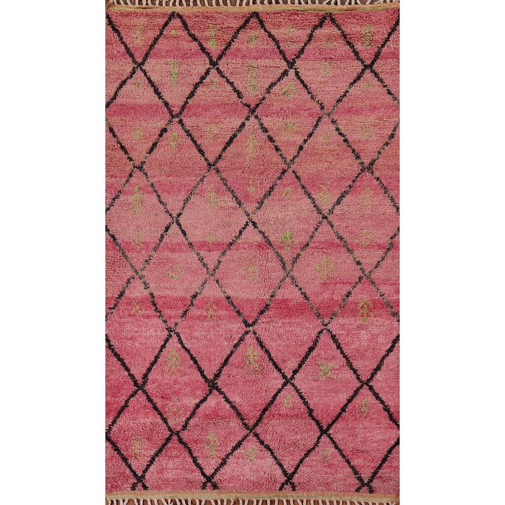 Pink Trellis Plush Moroccan Area Rug Handmade Wool Carpet - 5'3" x 8'10"