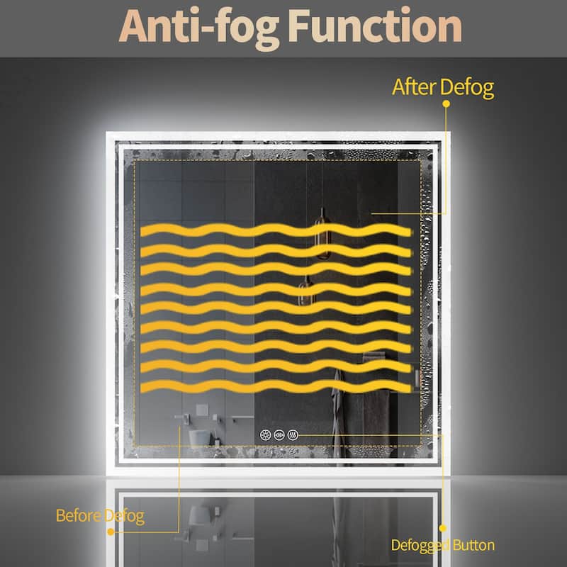 Square LED Bathroom Mirror Anti-Fog Dimmable Mirror - Silver - 32"