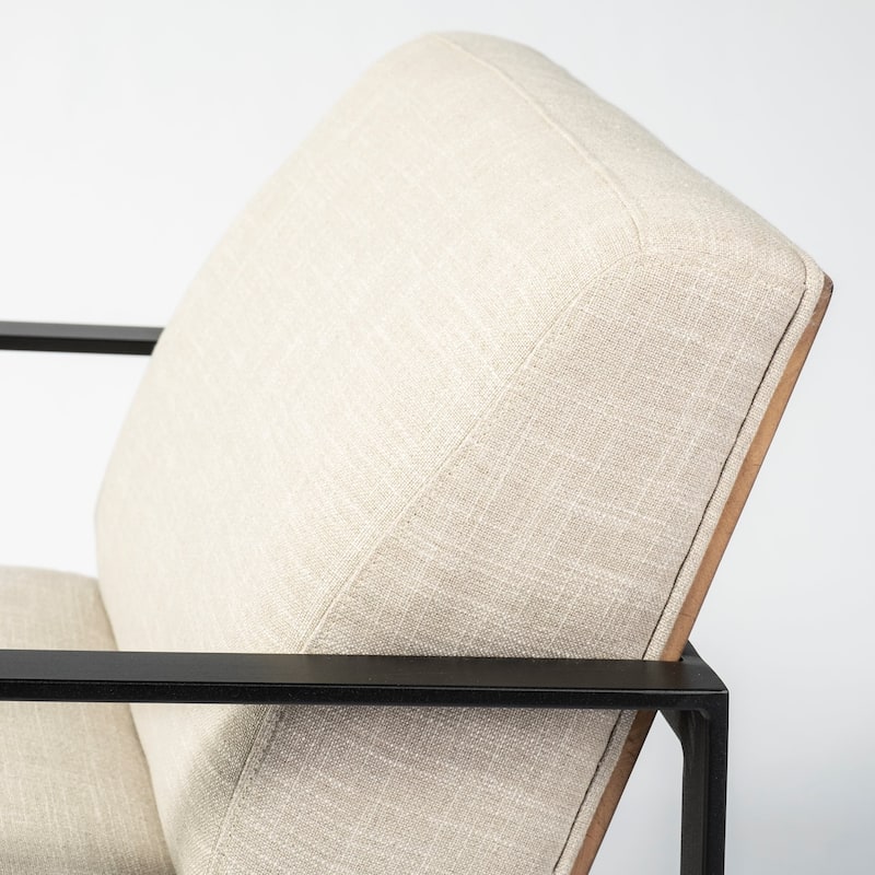 Stamford Black Genuine Leather w/ Light Brown Solid Wood Back & Black Iron Frame Accent Chair