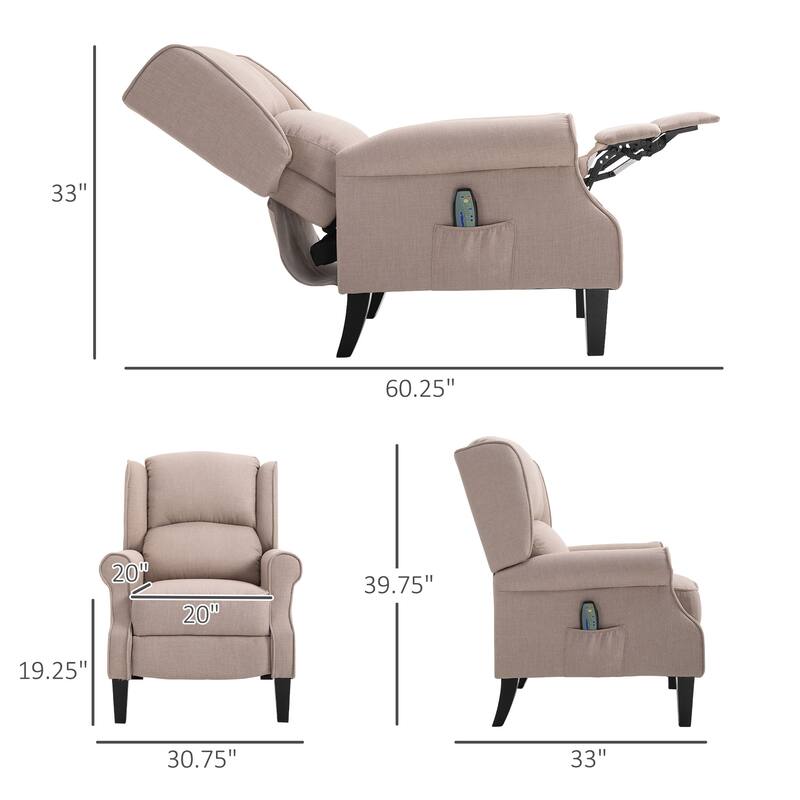 Vintage Upholstered Wingback Heated Vibrating Massage Recliner Chair: with Remote Controller and Push-back Recline.