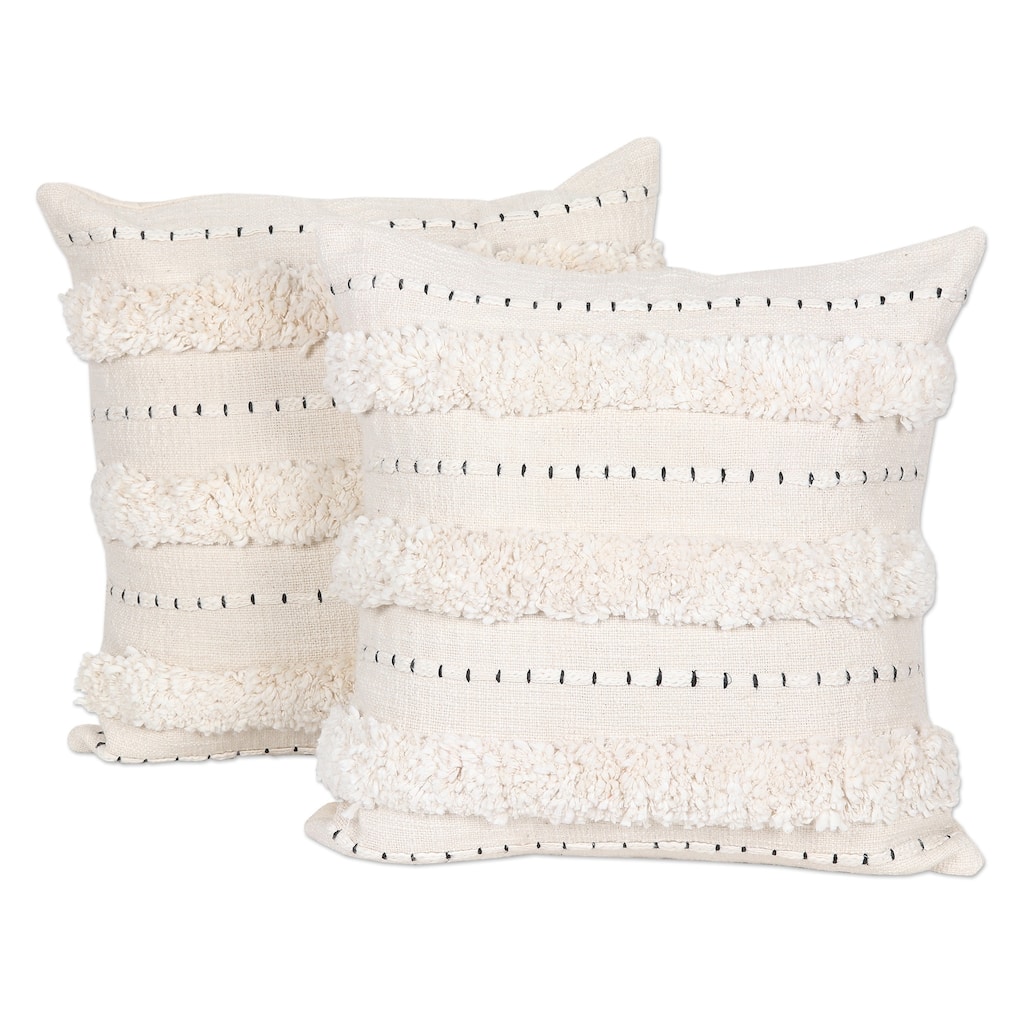 Novica Handmade Ivory Tufts Embroidered Cotton Cushion Covers (Pair)