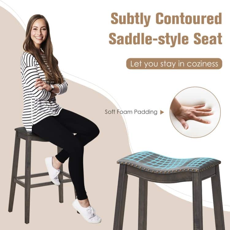 29 Inch Set of 2 Backless Wood Nailhead Barstools with PVC Leather Seat - 20" x 13" x 29" (L x W x H)