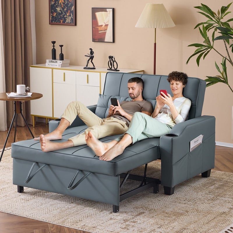 Upholstered Cat's Claw Leather Convertible Reclining Sleeper Sofa Bed With Cushions For Small Spaces