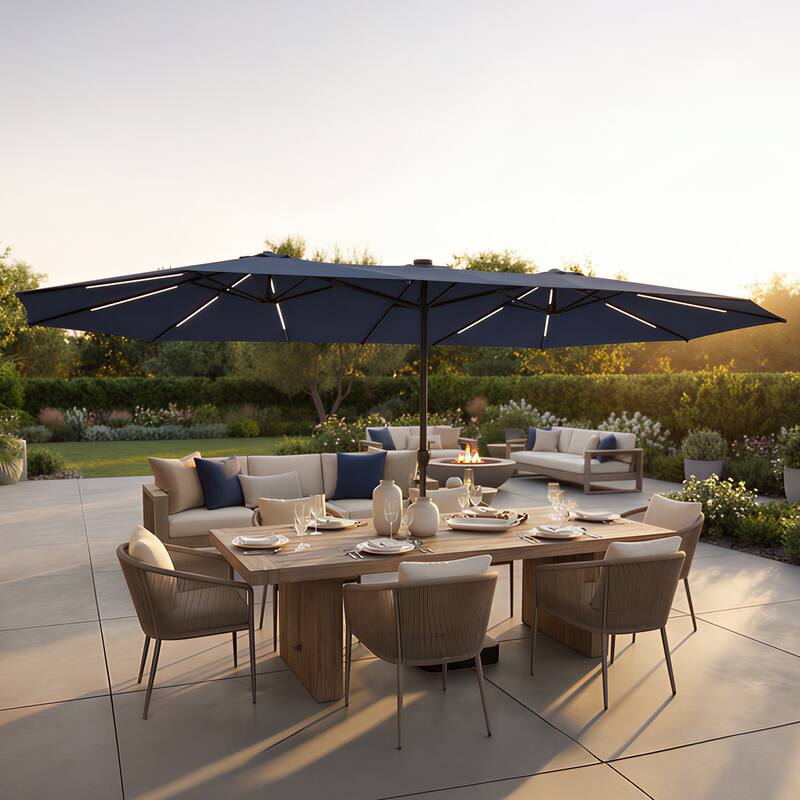 15FT Solar LED Double-Sided Patio Umbrella with Base, 12 Light Strips, 2000mAh