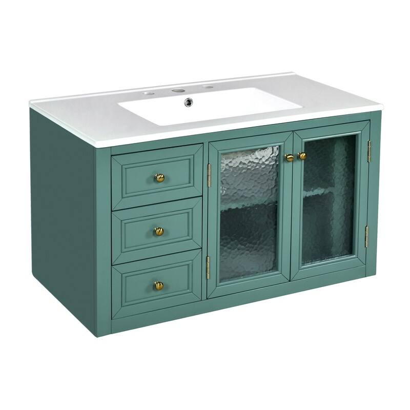 Bathroom Vanity with 36-inch Sink, Wood Modern Bathroom Storage Cabinet with 3 Drawers & 2 Soft Close Glass Doors