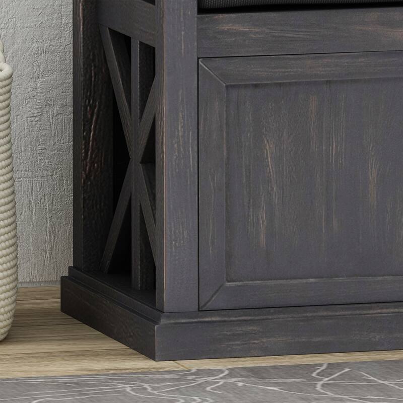 Entryway Bench with Storage and Cushion, Shoe Bench Sliding Door, Shoe Rack Organizer with Adjustable Shelves, 2 Open Shelves