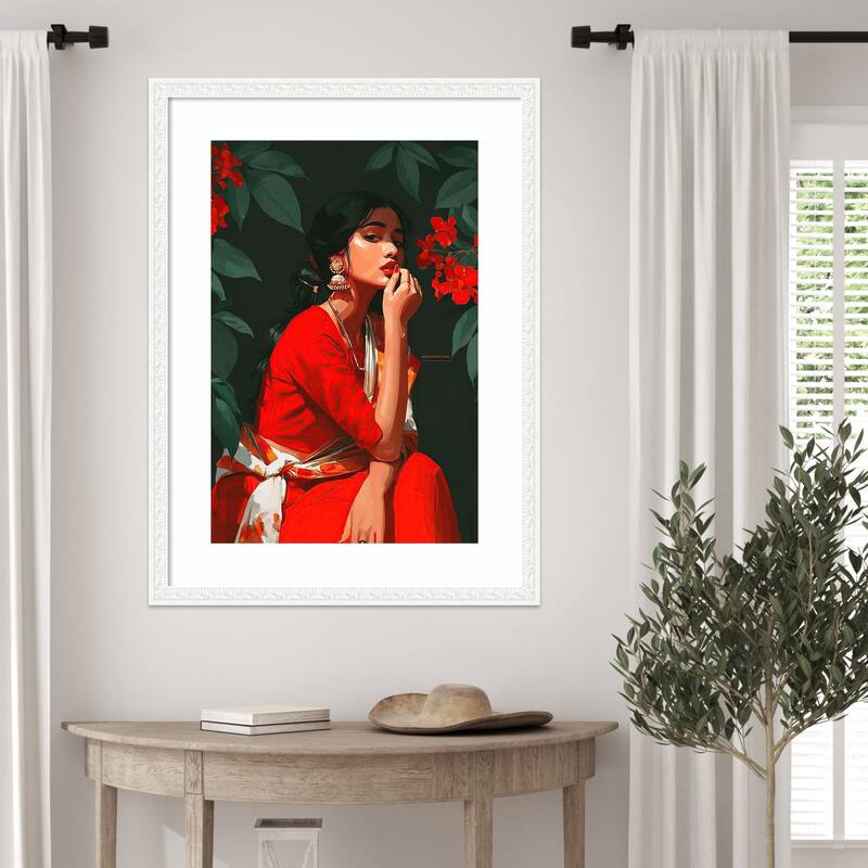 Indian Woman Red Traditional Dance Pose Elegant Teal by Tradelink inhouse artist Wood Framed Wall Art Print