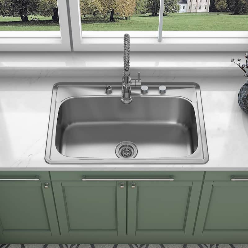 Sinber Drop in Single Bowl 304 Stainless Steel Kitchen Sink - 33" x 22" x 9"(Sink Only) - Silver