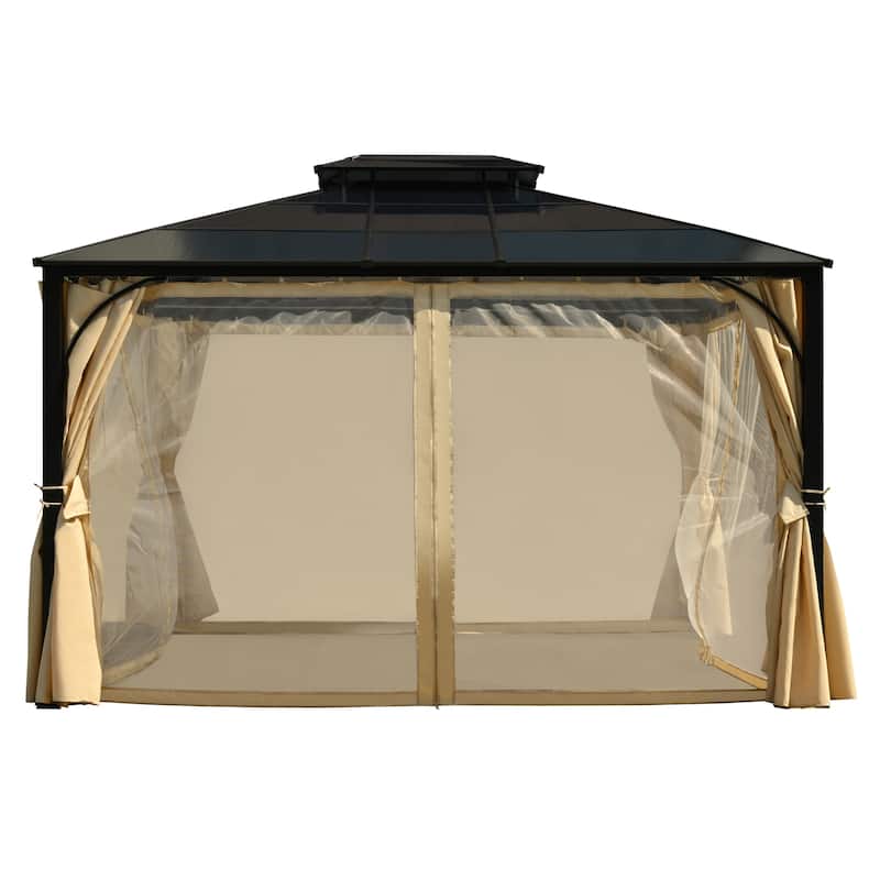 10'x12' Hardtop Double Roof Patio Gazebo with Double-Layer Side Walls, Mosquito Netting & Privacy Curtains