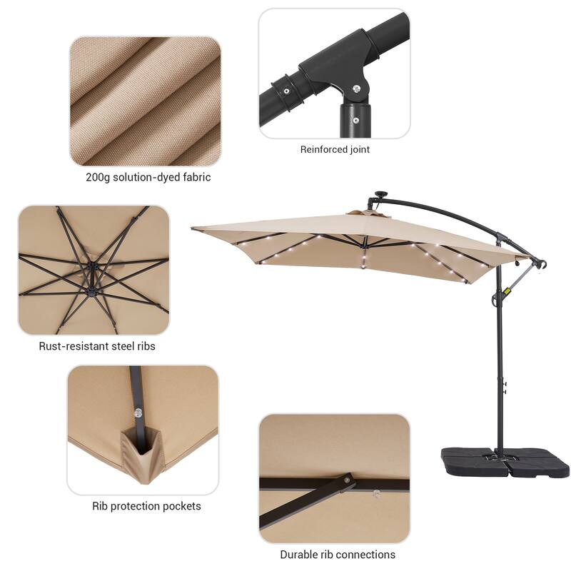 LIVOOSUN 8.2Ft LED Square Offset Hanging Patio Umbrellas w/Base