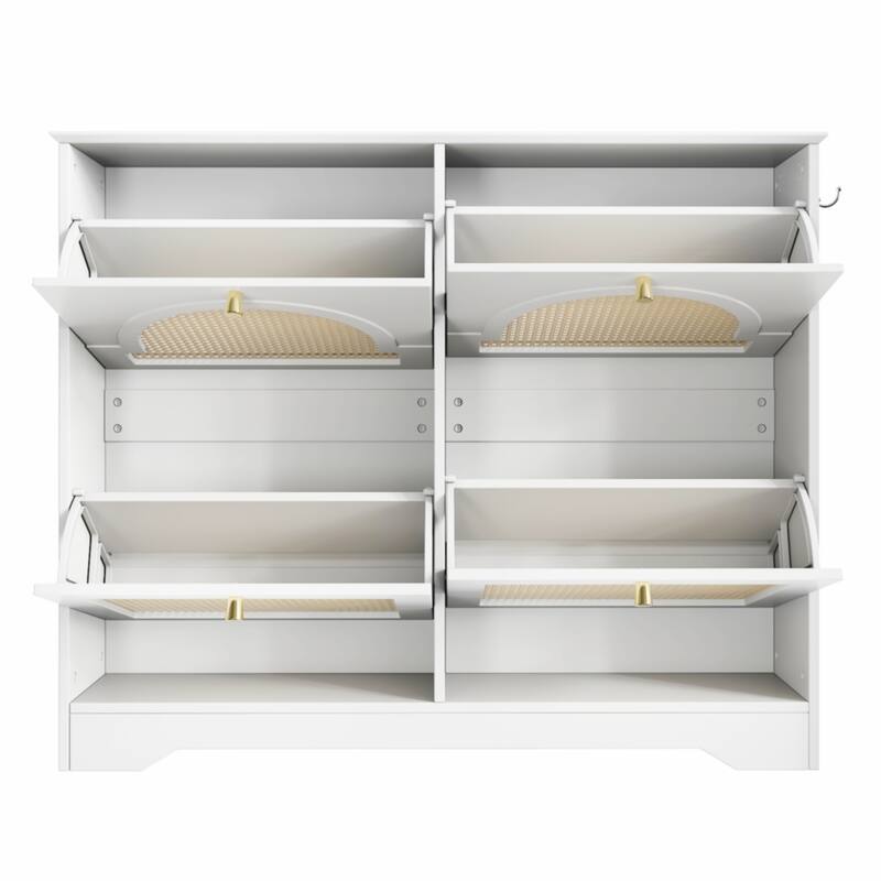 Mid-Century Narrow Tipping Bucket Shoe Cabinet with 4 Flip Drawers and Rattan Doors - 42.1" W × 8.3" D × 35.4" H