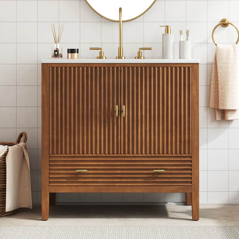 Christopher Knight Home - Mid-Century Freestanding Bathroom Vanity with Ceramic Sink, Flip-Up & Dual Drawers - 30"W - Walnut Finish