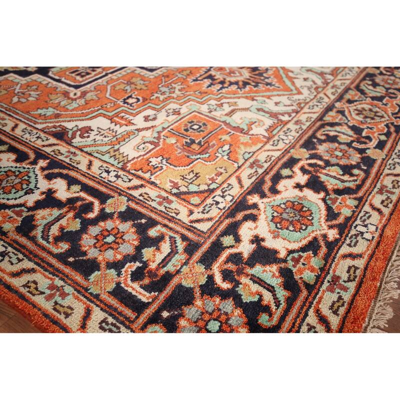 Orange Geometric Heriz Serapi Indian Area Rug Hand-Knotted Wool Carpet - 8'0"x 10'1"