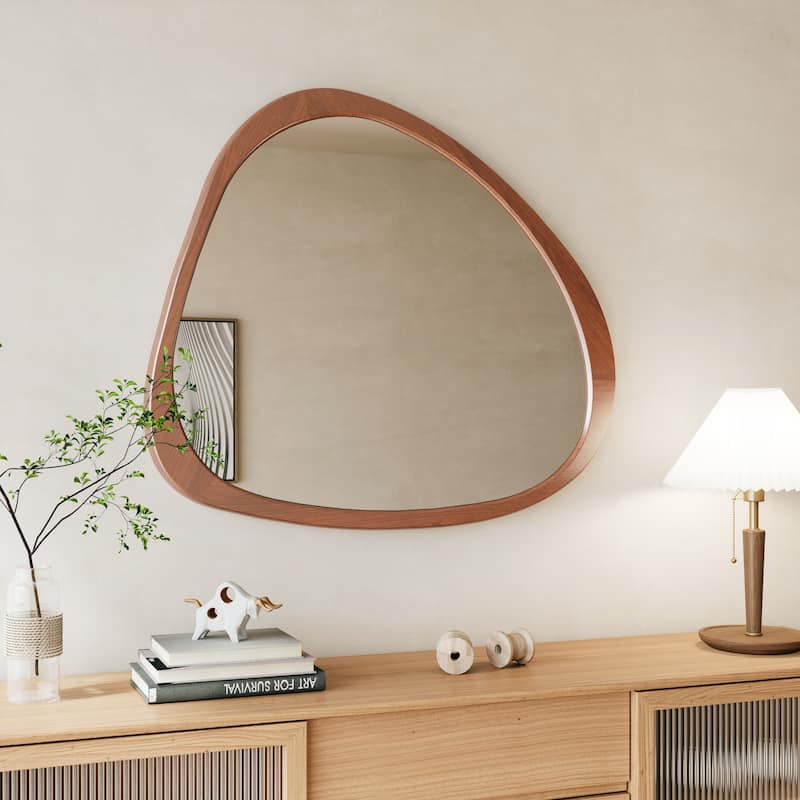 Solid Wood Mirror Asymmetrical Wall Mirror - Walnut