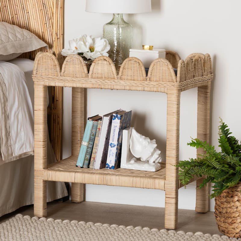Sumana Bohemian Scallop Natural Rattan and Mahogany Side Table