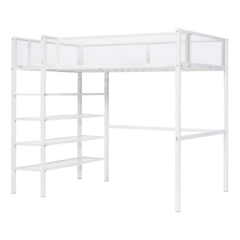 Metal Loft Bed with Shelves, Workstation, Guardrail