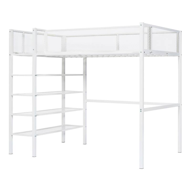 Twin/Full Metal Loft Bed with Built-in Desk, Shelves, and Storage, Modern Design