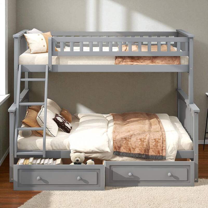 Twin over Full Bunk Bed with Drawers, Convertible to 2 Beds, Pine/MDF, Staircase & Guardrails, 79.7 x 57.5 x 61.2 in - Grey - Full