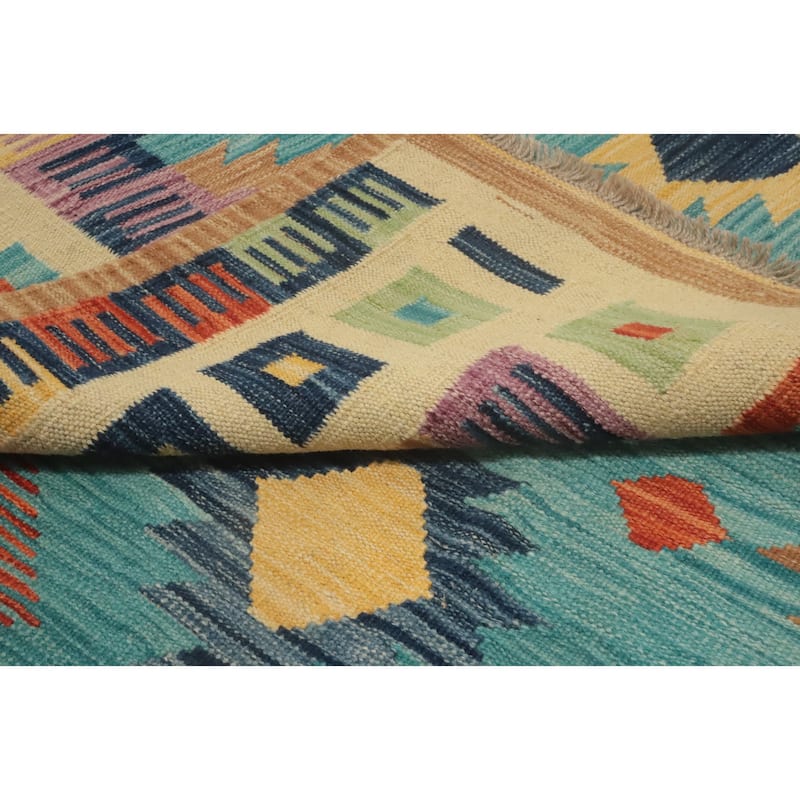 Hand Woven Oriental 100% Wool Carpet Southwestern Tribal Navy Blue & Blues Kilim Area Rug - 9' 9'' X 6' 7''