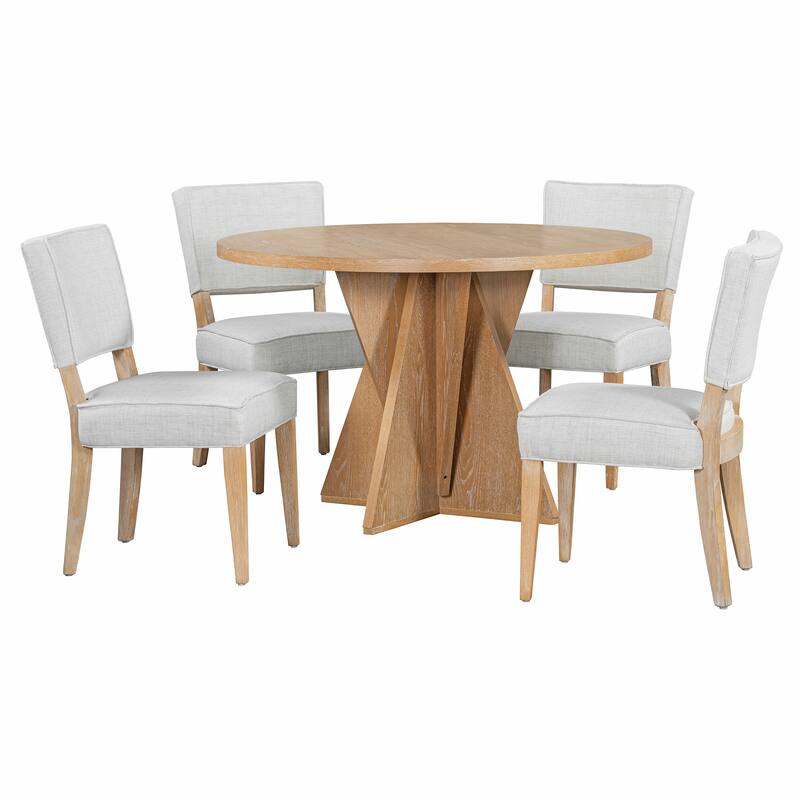 5 Piece Wood Round Dining Table Set with 4 Upholstered Chairs