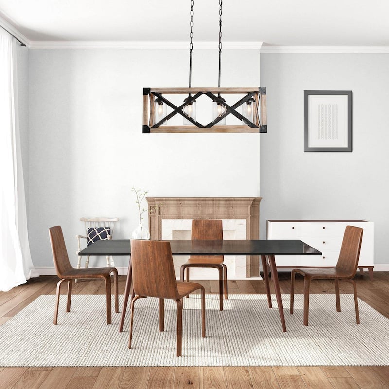 Modern Farmhouse 4-Light Wood Cage Chandelier Glass Shade Kitchen Island Lights - Taupe - L27.5"xW10"xH80.5"
