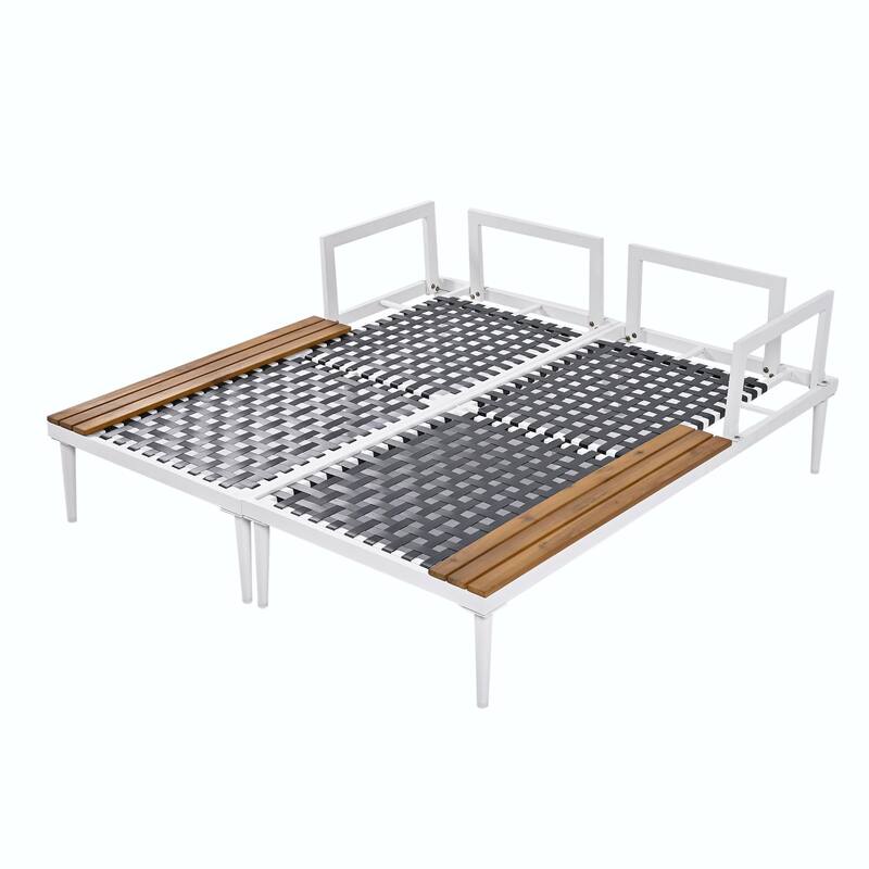Modern Outdoor Metal Daybed with Wood Topped Side Spaces, 2-in-1 Padded Chaise Lounges