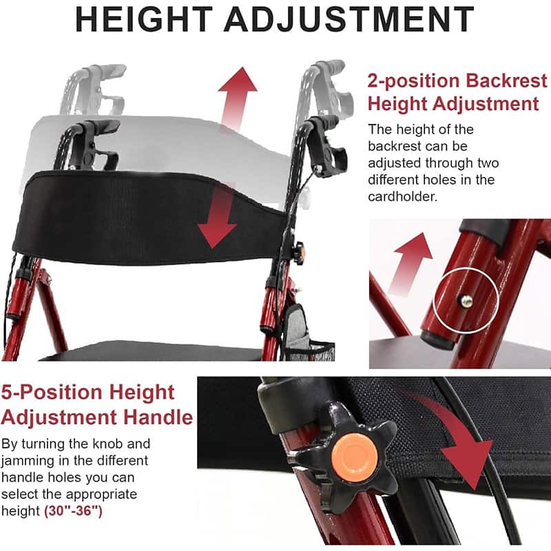 Lightweight Foldable Rollator Walkers with Seat for Seniors, 350 lb Capacity, 5-Position Adjustable Height - Red