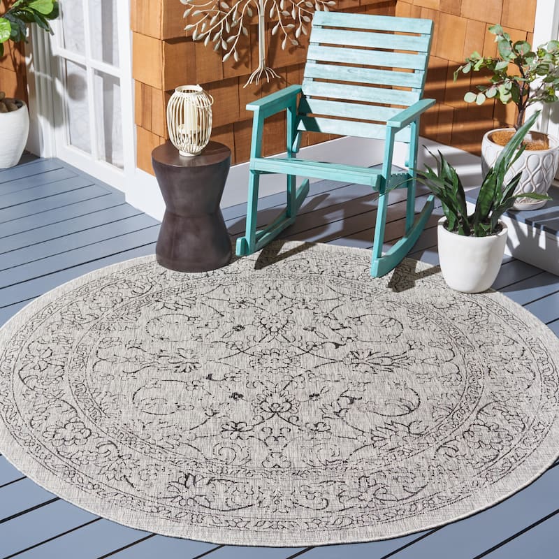 SAFAVIEH Courtyard Aquata Indoor/ Outdoor Waterproof Patio Backyard Rug - 6'7" Round - Grey/Black