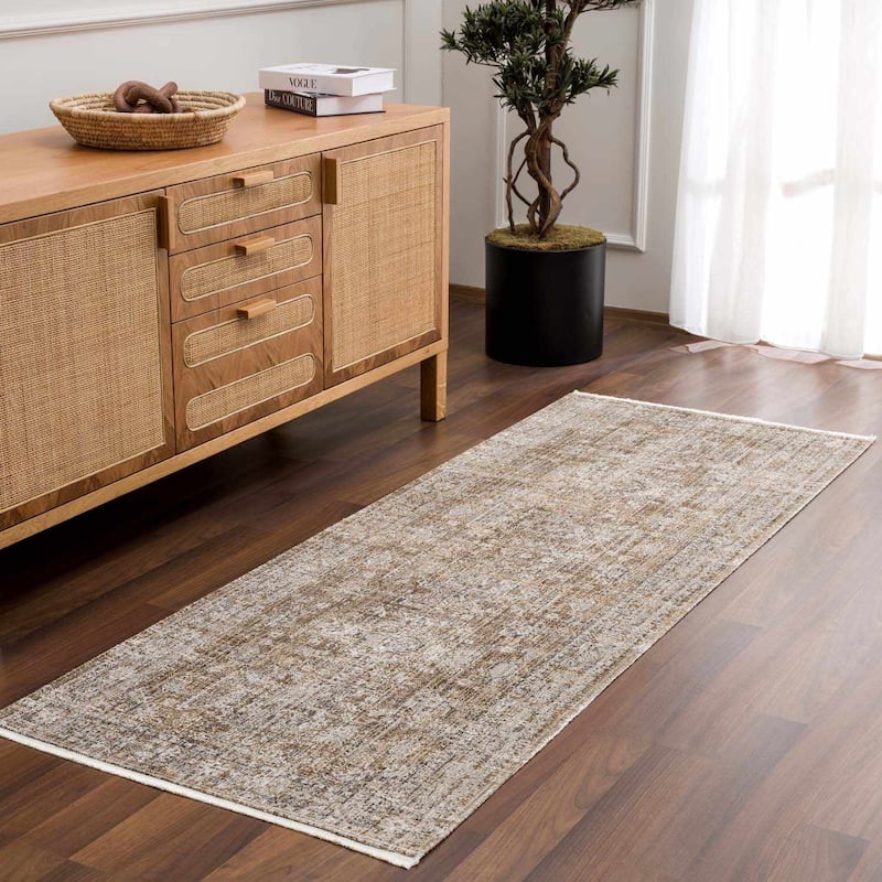 Hauteloom Yamir Hallway, Kitchen Machine Washable Patio Outdoor Runner Rug - Dark Brown, Sage Green - 2'7" x 7'3"