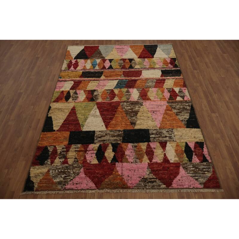 Hand Knotted Oriental 100% Wool Carpet Modern Tribal Multi-Colored Moroccan Area Rug - 9' 7'' X 6' 10''