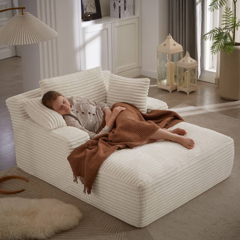 Comfy Sleeper Sofa Corduroy Upholstered Chaise Lounge with Pillows - White