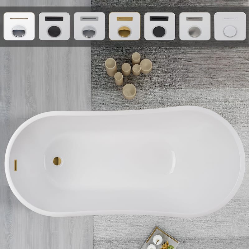 Vanity Art 59-Inch Acrylic Freestanding Soaking Bathtub with Overflow & Pop-up Drain - 59" - White/Titanium Gold
