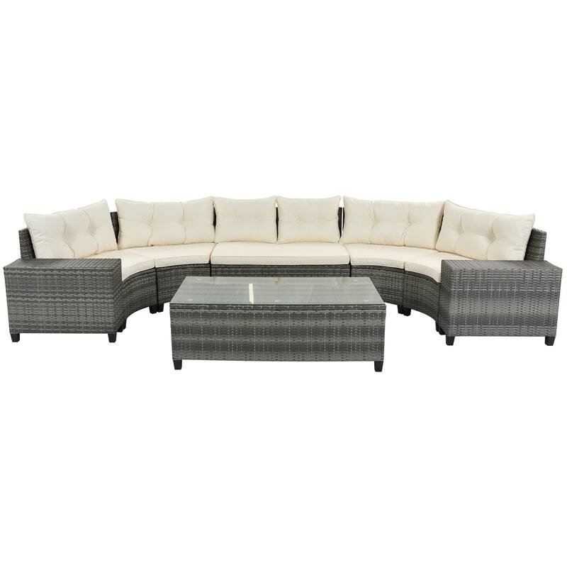 8 Pieces Outdoor Wicker Round Sofa Set, Half-Moon Sectional Sets with Rectangular Coffee Table and Movable Cushion