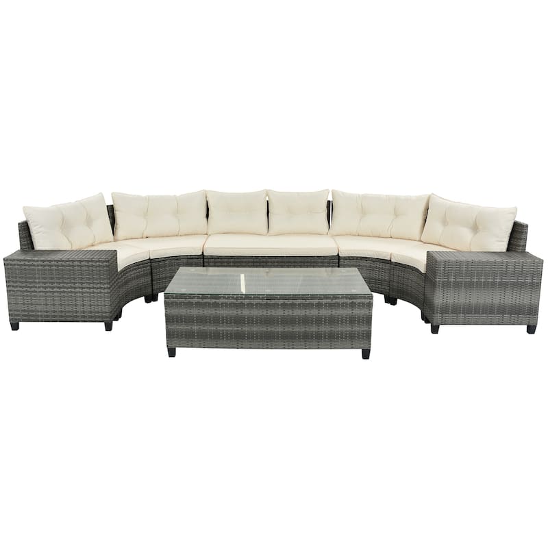 Rattan Modular Sofa Set Semicircular Sectional Sofa Set with Tempered Glass Coffee Tables 8-piece Outdoor Conversation Sets