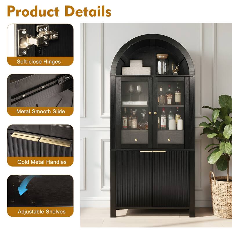 71" Fluted Tall Pantry Cabinet with Arched Glass Door, Hidden Drawer, Wood Display Storage Cabinet with Adjustable Shelves